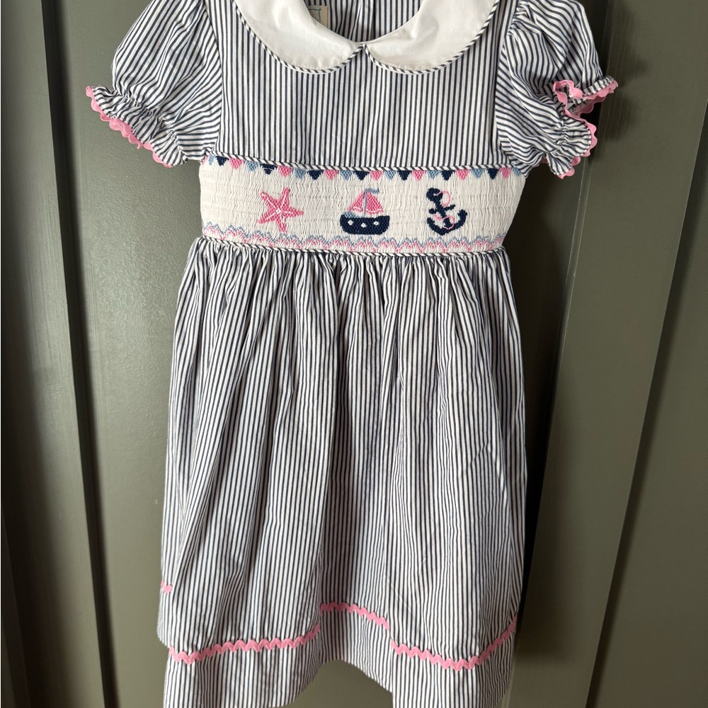 Marmellata Blue and White SmockedSundress with Puff Sleeves and Peter Pan Collar